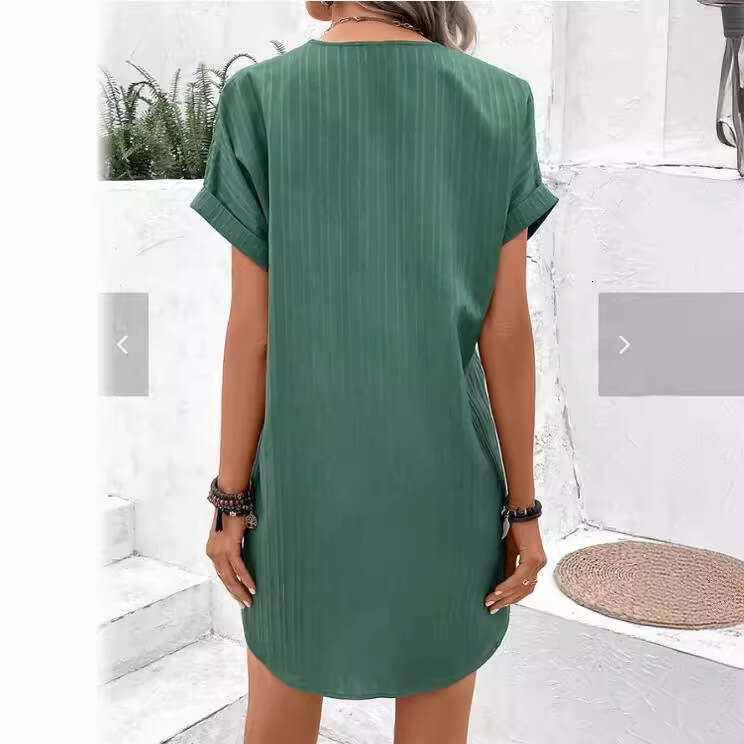 Cross-border European and American women's clothing 2026 new V-neck solid color pullover comfortable casual button dress