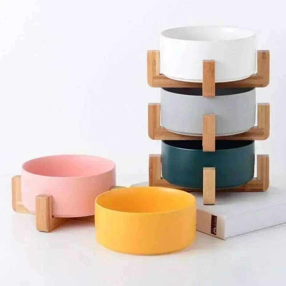 Large Capacity Bowl for Cats Dogs Wooden Rack Ceramic Cat Food And Water Feeder Home Pet Accessories 26W0330