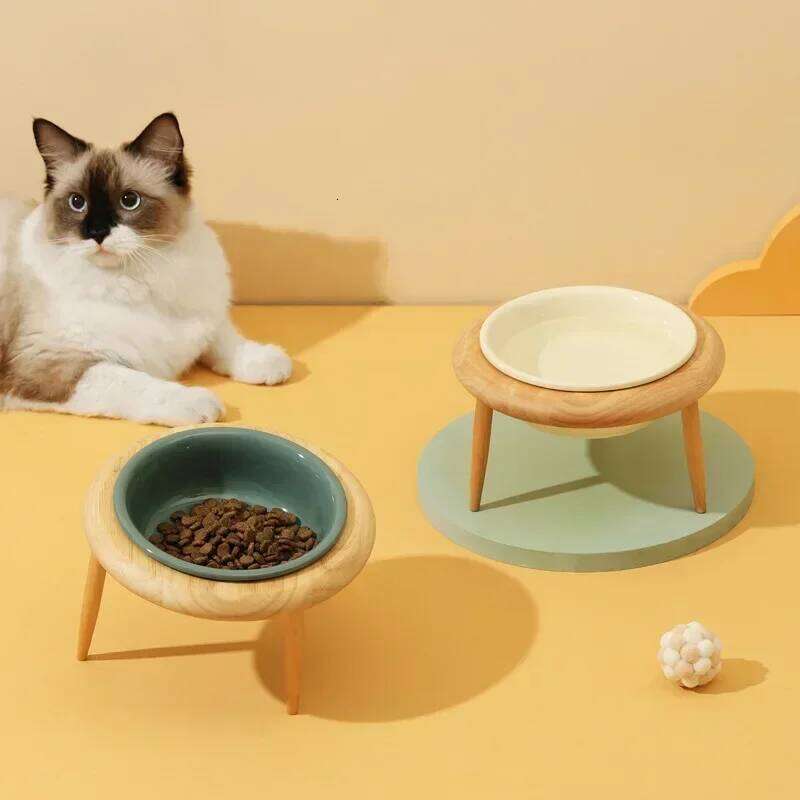 800ml Food Water Bowl with Wood Stand Small Medium Dogs Elevated Drinking Eating Feeder Pet Cat Dog Ceramic Feeding Supplies 26W0330