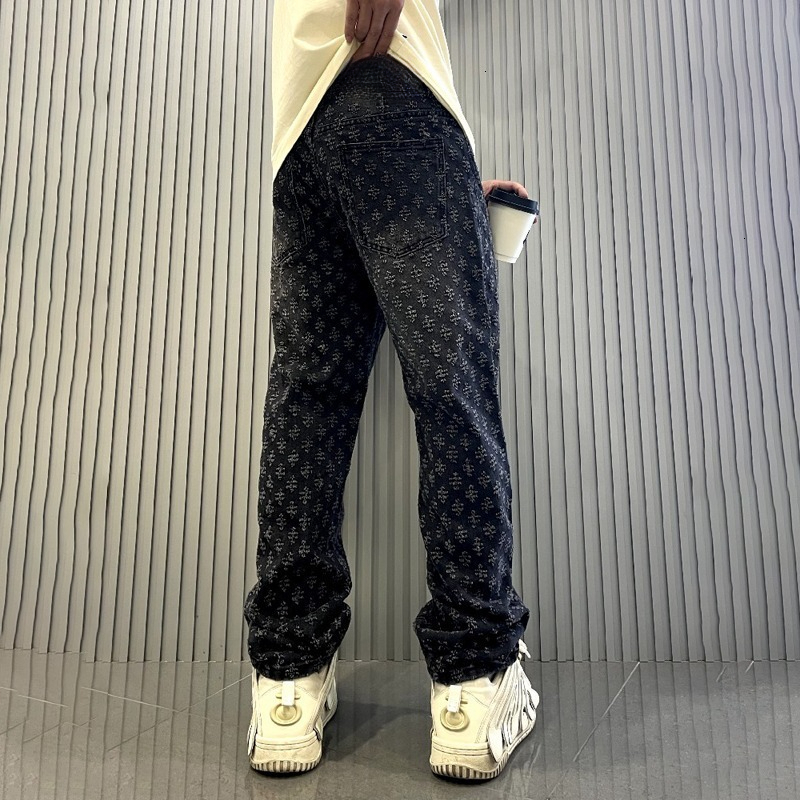 Luxury Designer Clothes 2025 Jacquard Full Print High Street Trendy Brand INS Design Sense Jeans Loose Straight Washed Wide Leg Long Pants