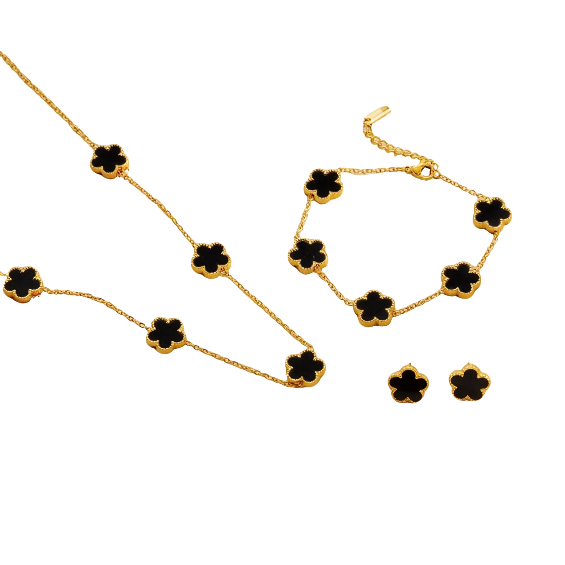 Designer Luxurious New Women's Exclusive Light Luxury High-end Double-sided Five-leaf Clover Necklace, Bracelet And Stud Earrings Set