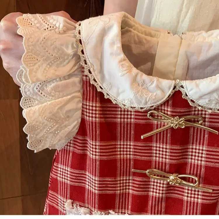 Girls Skirt 2025 Summer New Childrens Clothing Korean Style Girl Baby College Style Red Plingham Lace Sundress Casual SimpleT260330