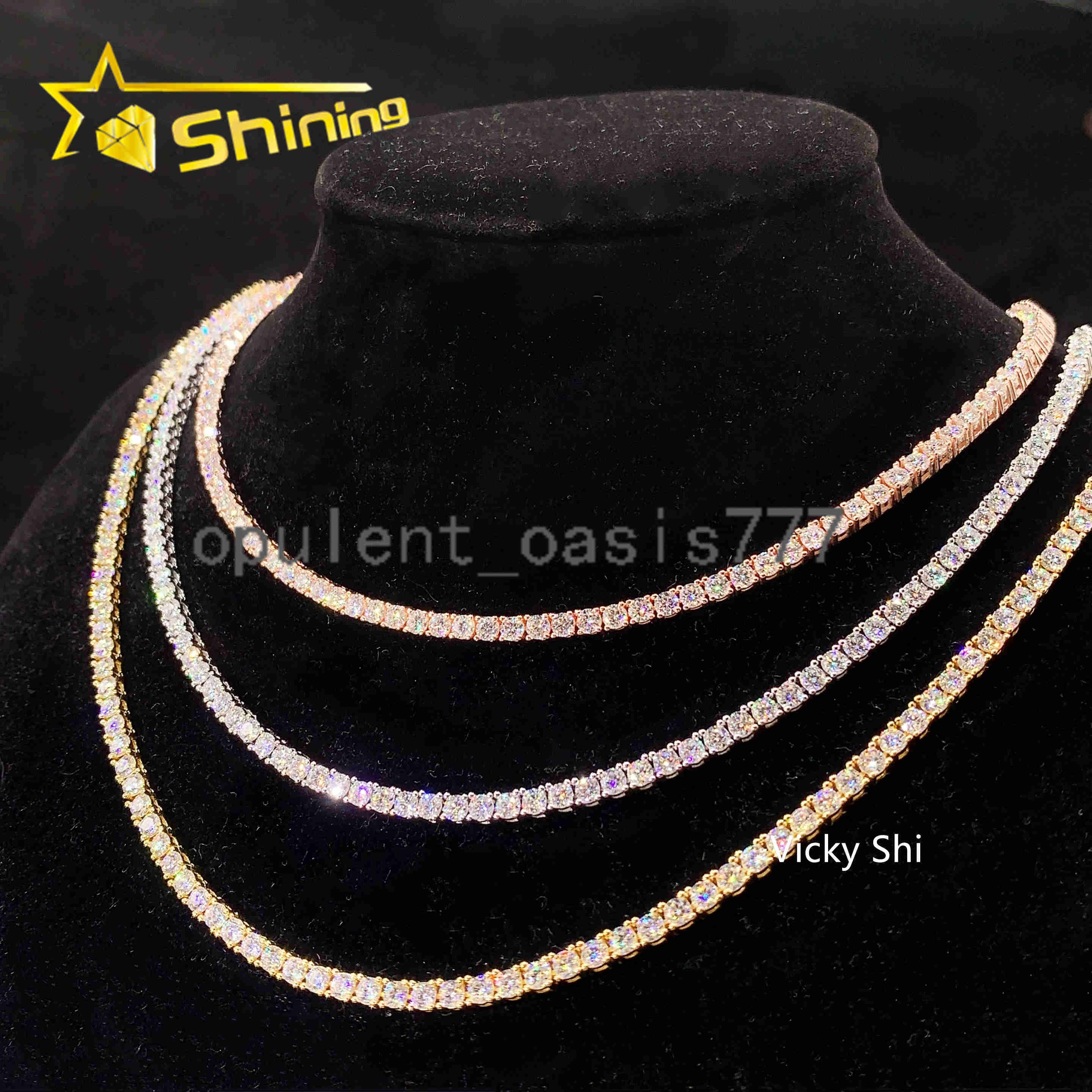 Fast Shipping Hip Hop Iced Out 3mm Moissanite Tennis Chain Men Women 925 Silver Moissanite Tennis Necklace GRA Certificated