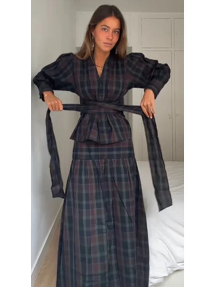 Women Casual Pleated Checkered Lace Up Suit Elegant Long Lantern Sleeves Slimfit Set Autumn Office Lady Commuteoutfits 260326
