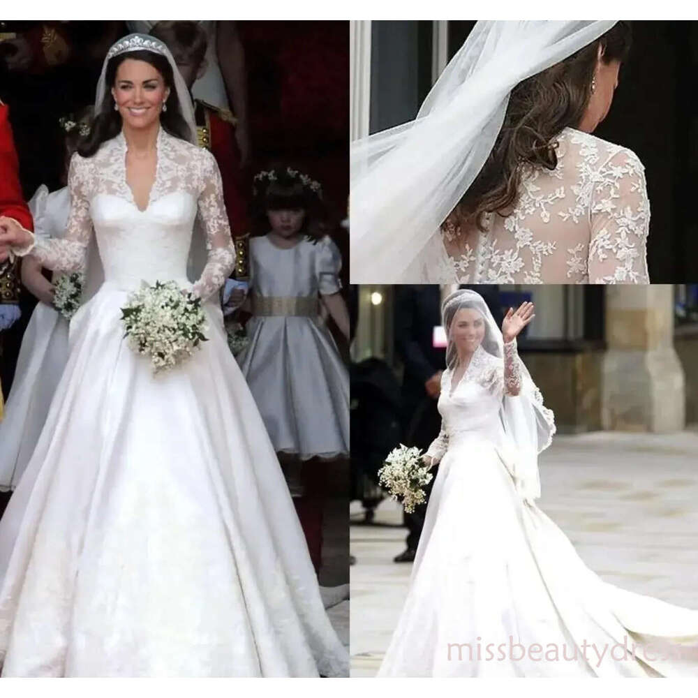 customized White A Line Wedding Dresses V Neck Sheer illusion Long Sleeves Appliqued Lace stain Kate Middleton Buttons Back Royal Bridal Gown ZD10