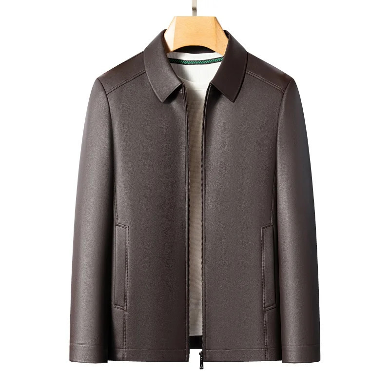 Mens Fashion Casual Large-Sized Goatskin Leather Jacket Lapel Coat High-End Spring Autumn 260327
