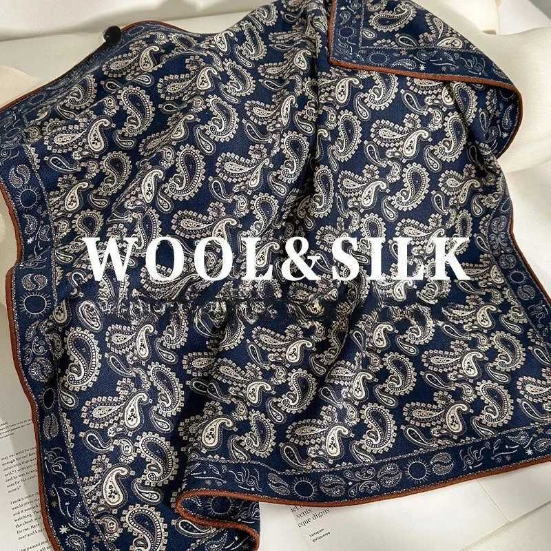 Psychedelic Paisley Silk Wool Scarf for Wen Autumn/Winter Deep Blue Versatile Warm Elegant Square Shawl X260328