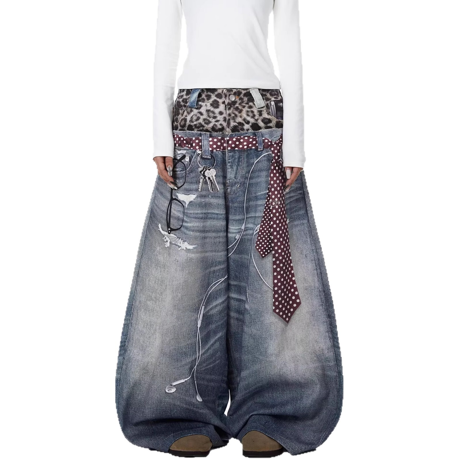 Loose Women's Denim Jeans with Leopard Print Tie Hole Punching Spring New Sle Casual Bf Wide Leg Pants Neutral Sle