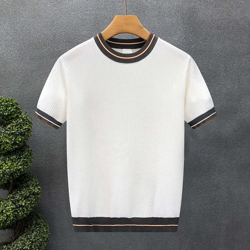 luxury Summer New Style Casual Top, White Round Neck Striped Spring Short Sleeve Sweater, Men's Knit Shirt