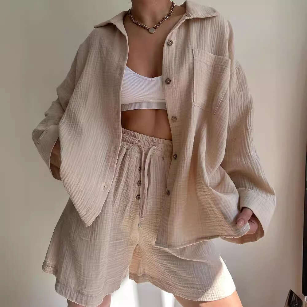 2026 European American women's fashion wrinkled fabric collared long-sleeve shirt and high-waisted drawstring shorts stylish casual two-piece set