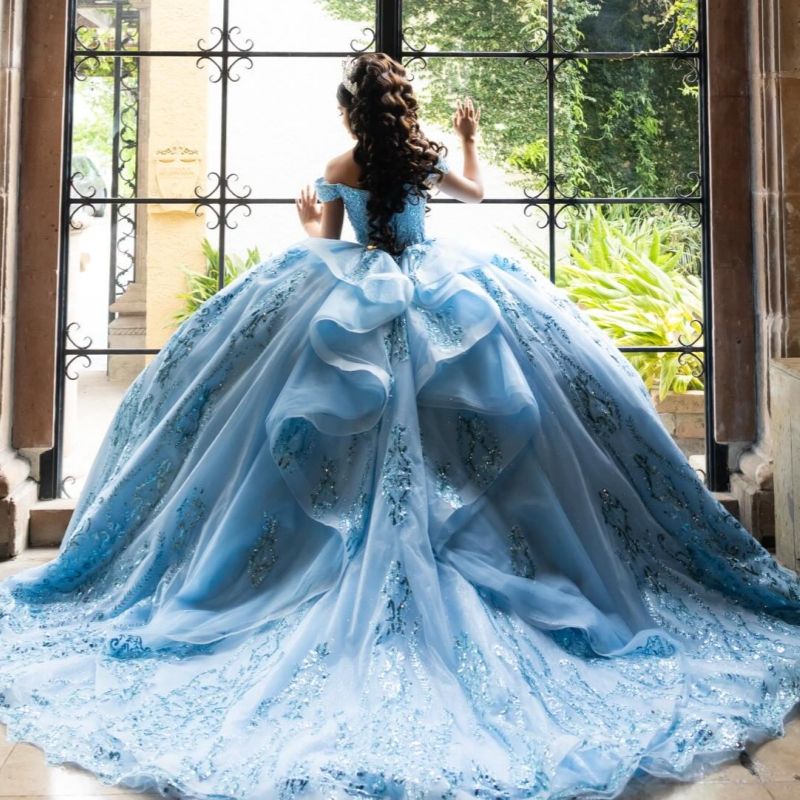 Sky Blue Shiny Princess Sweet 16 Dress Quinceanera Dresses Off The Shoulder Sequin Applique Lace Beading Crystal Tull Party Birthday Vestidos 15 De An