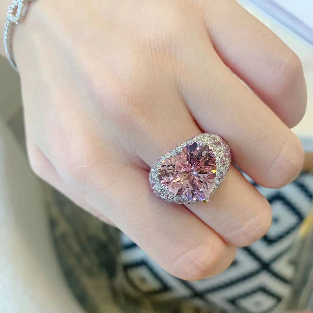 Jewlery Designer For Women Colorful Zircon Heart Ring Women, Elegant And Simple Full Diamond Heart-Shaped Color Stone High-End Index Finger Ring