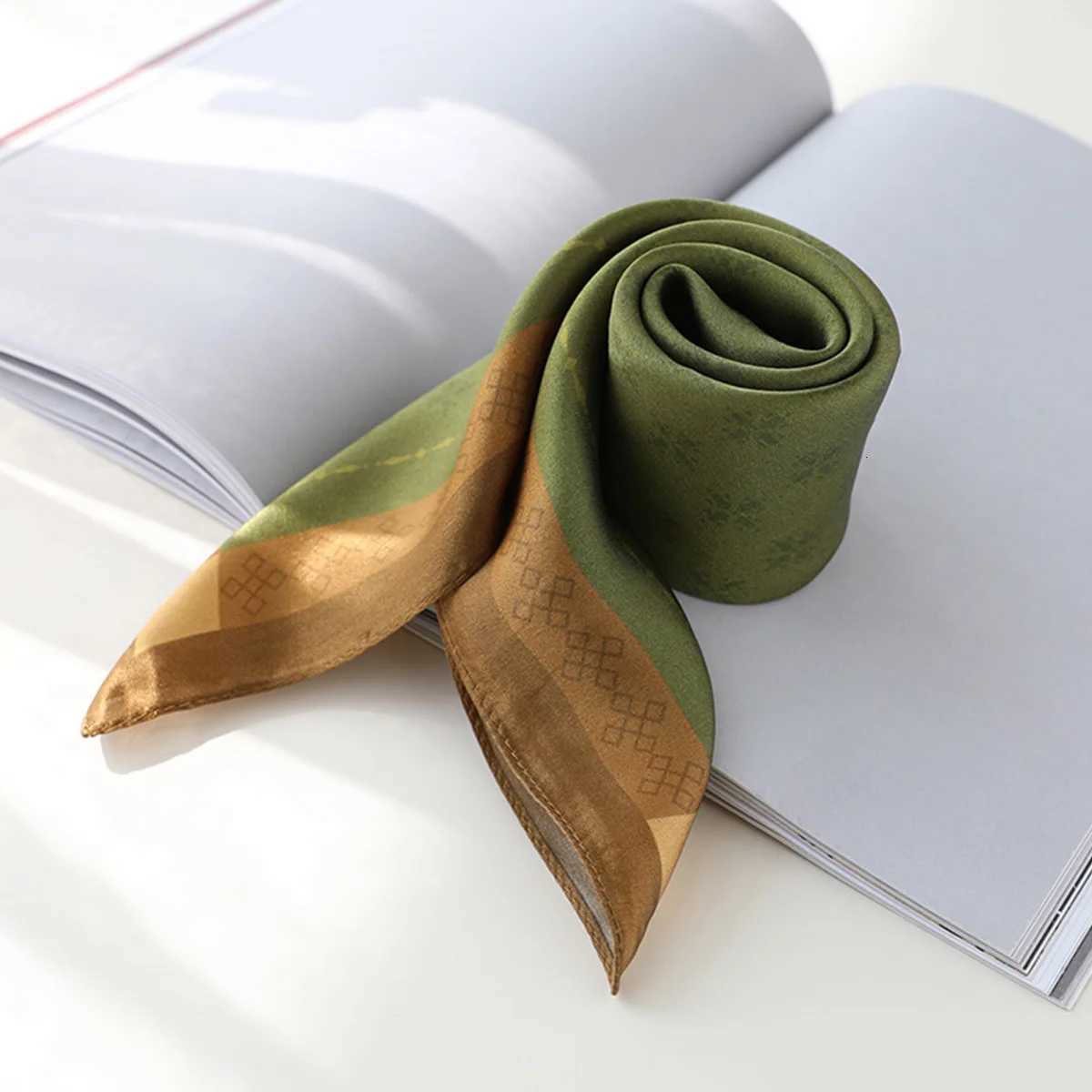 Dark Green Printed Square Scarf Plain Floral Pattern Simple Imitation Silk Neckerchief Elegant Bandana Women Head Wrap Scarves Z260330