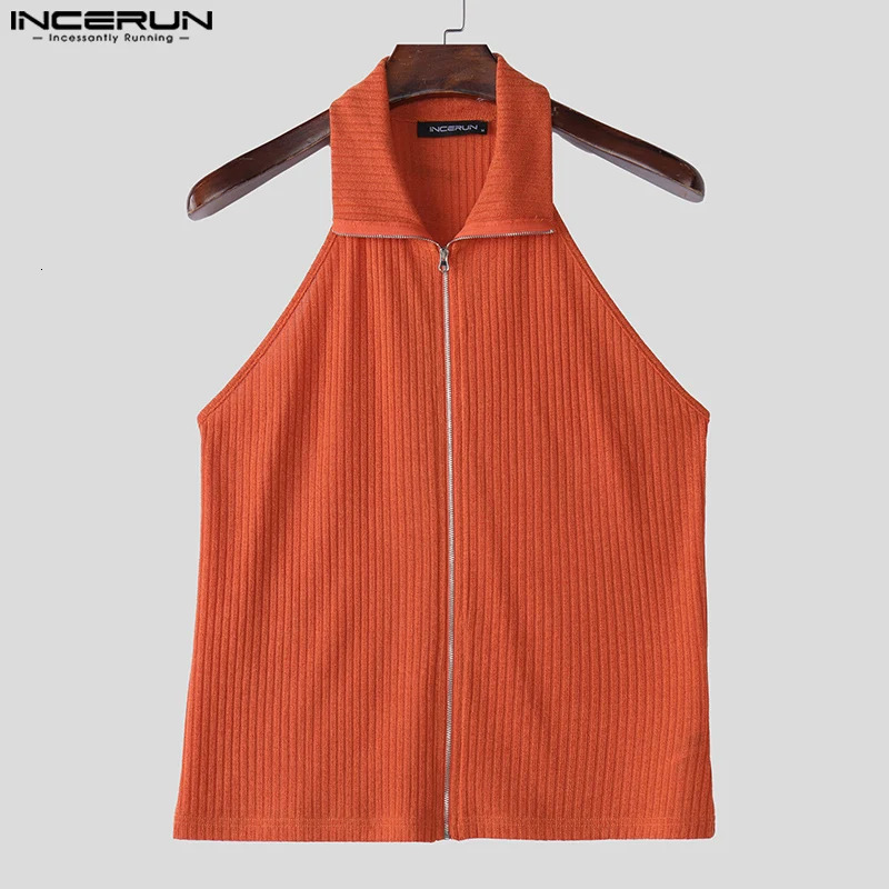 INCERUN Tops 2025 Korean Style Fashion Mens Knitted Texture Hanging Neck n Vests Casual Streetwear Solid Zipper Tank 260312