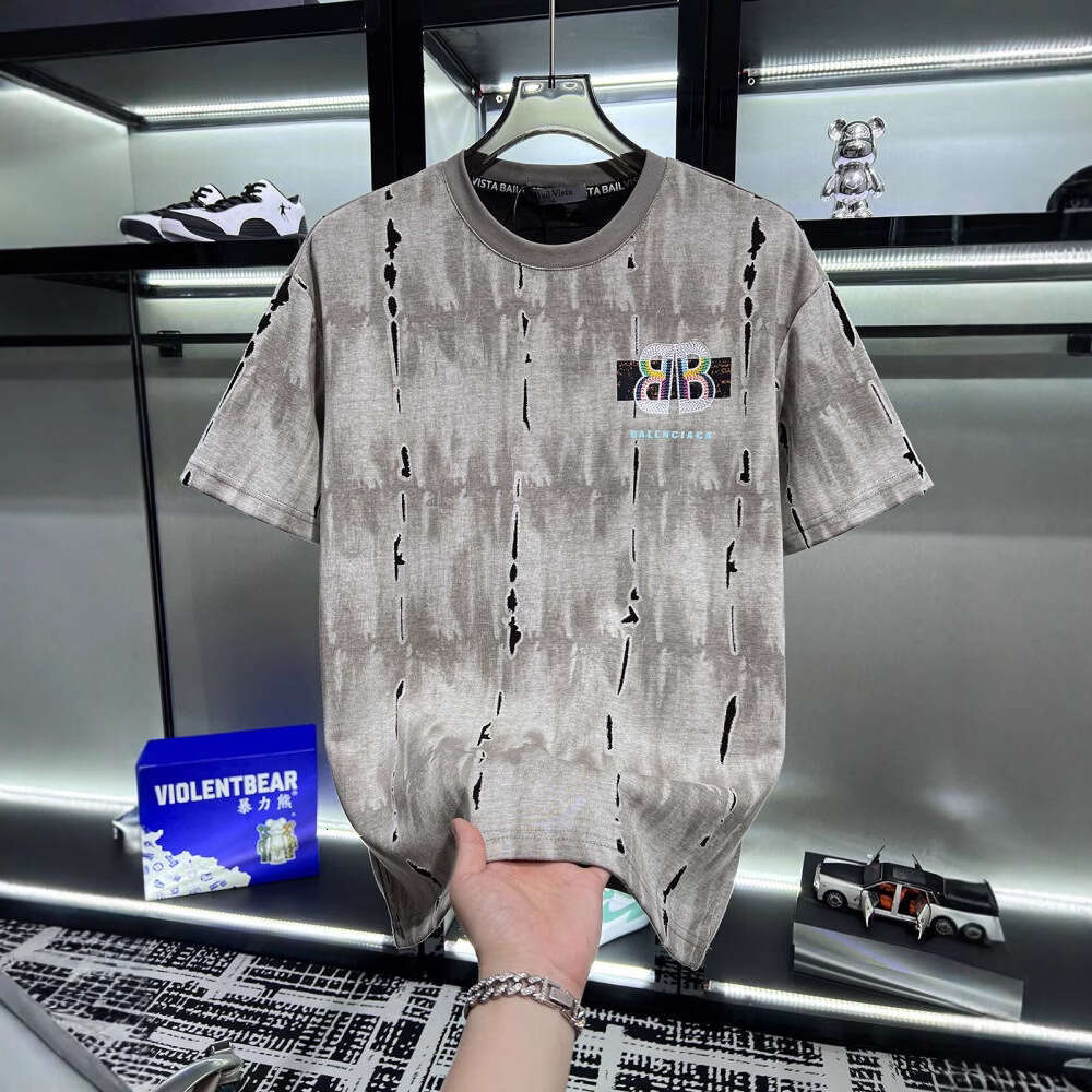 European high-end fashion printed ripped short-sleeve t-shirt for men, trendy brand, loose fit, luxury summer new men's half-sleeve shirt