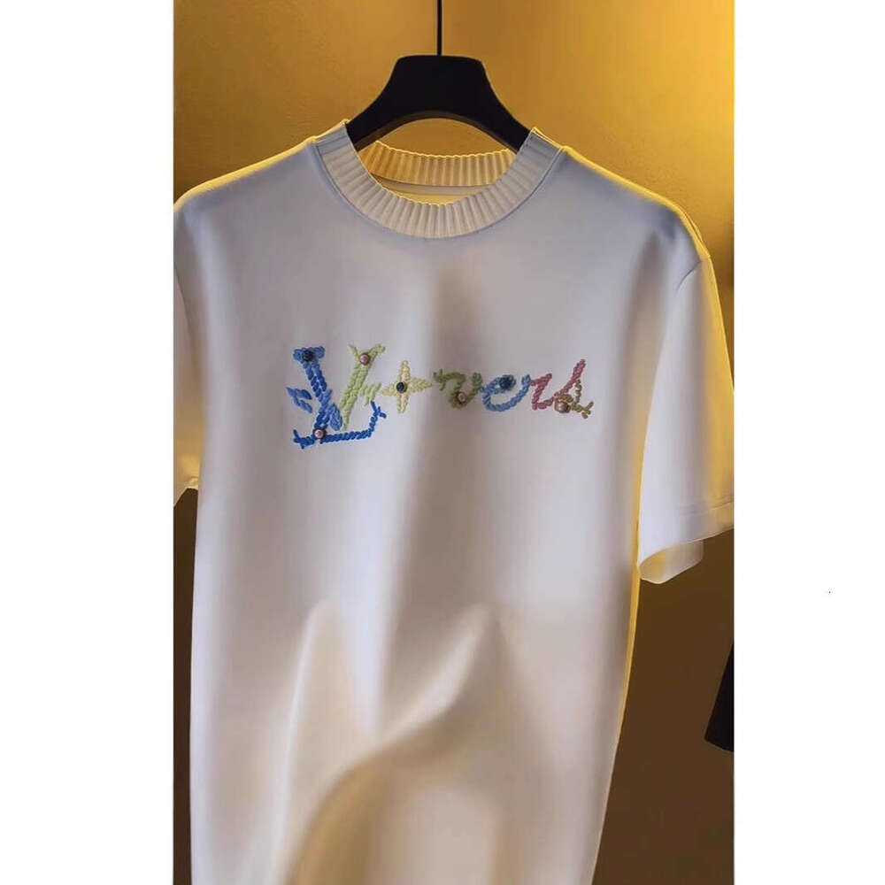 European Trendy Brand Short Men's Pure Cotton T-Shirt Loose Round Neck Letter Embroidery Half Sleeve Tee Fashion Casual Top