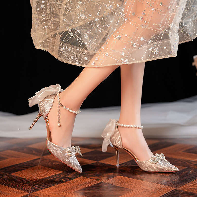 Women Peep Shallow Mouth Wedding Bridesmaid Stiletto Pointed Toe High Heels French Style Elegant Socialite Women S Shoes