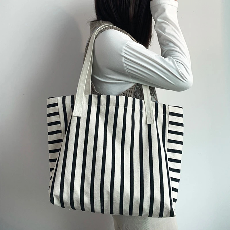 Beach Tote Bag Fashion Women Canvas Summer Large Capacity Striped Shoulder Bag Tote Handbag Shopping Shoulder Bags 260316