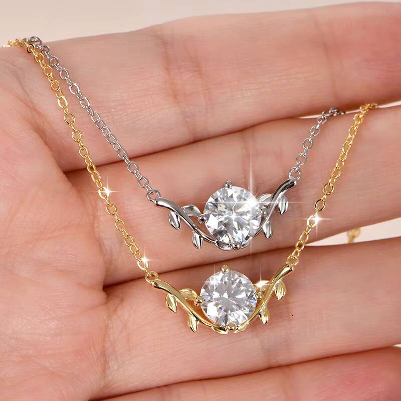 Elegant Shiny Gold Plated D Color VVS1 2CT Moissanite Vine Plant V-Neck Collarbone Chain Leaf Pendant Necklace for Women