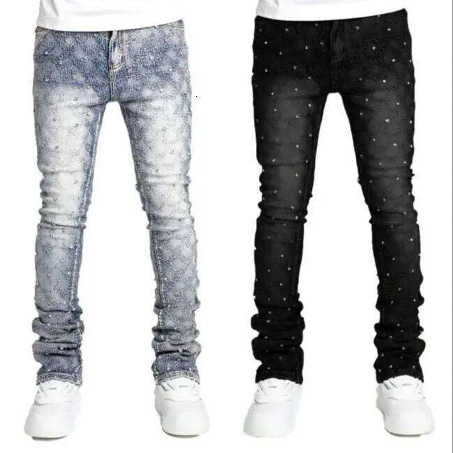 Men's personality straight leg men's pants European and American fashion Instagram hot item elastic pearl denim la 26Y0330