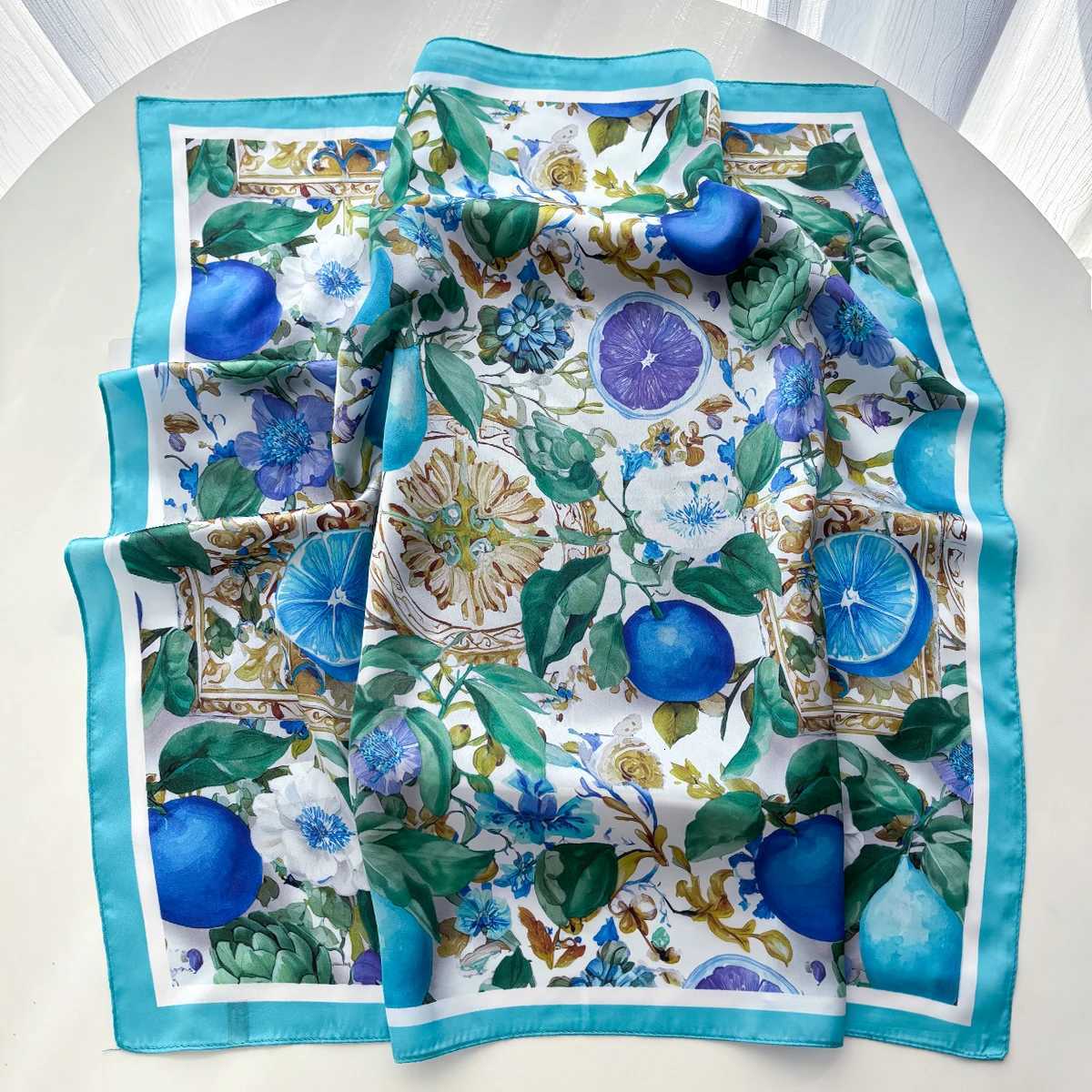 Fruit Printed Square Scarf For Wen Fashion Imitation Silk Banda Hairband Luxury Hijab Neckerchief Elegant Shawl Wraps X260328