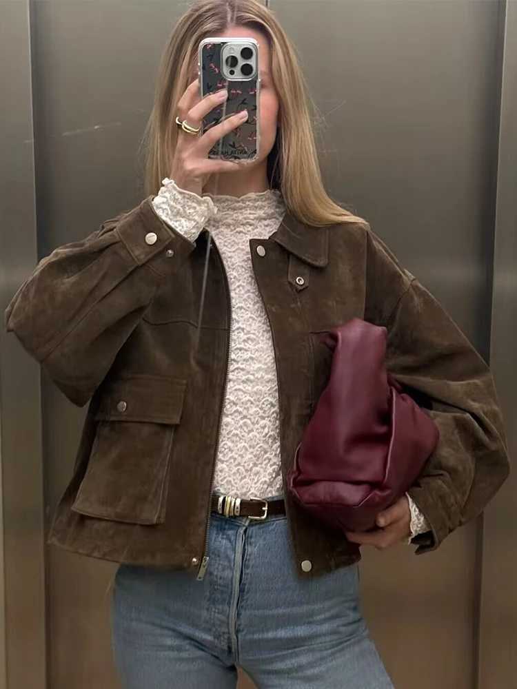 SLTNX Womens Olive Green Suede Jacket Oversized Lapel Coat Long Sleeve Pocket Streetwear Fall Winter OuterwearT260328