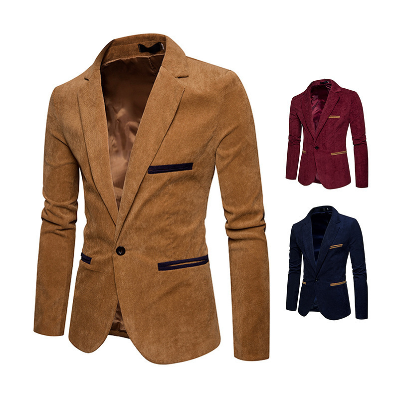 Spring and Autumn Fashion Mens Corduroy Blazer Jacket Mens Casual Color Block Jacket Business Small Suit