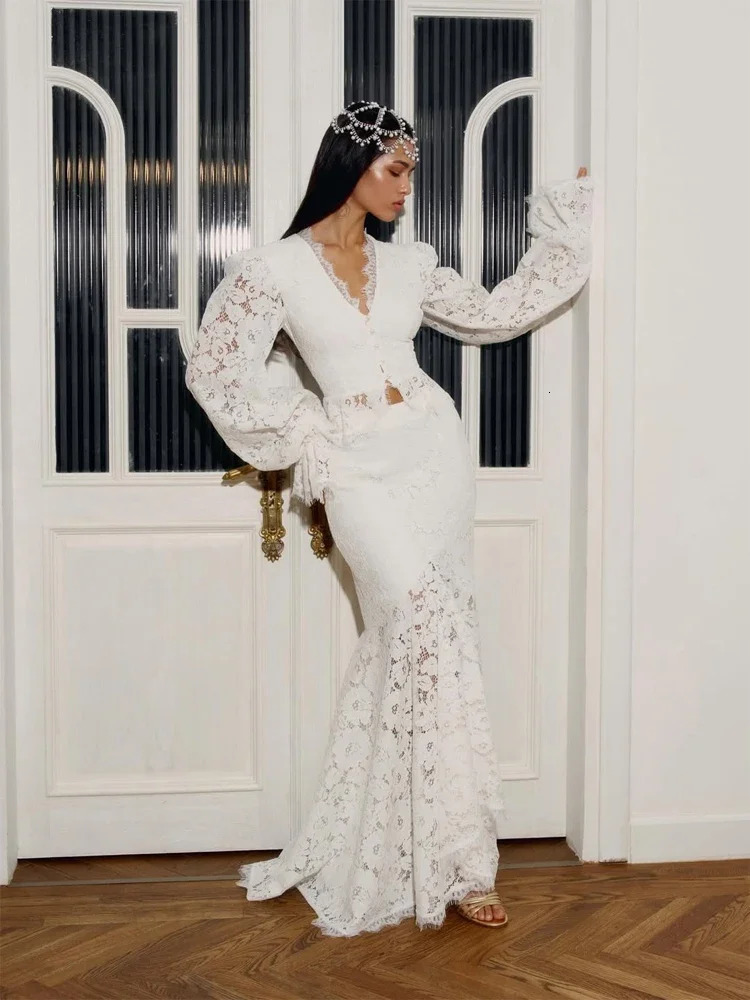 White Lace Patchwork Long Skirt Set Women Chic Full Flared Sleeves V-neck Slim Cropped Sets 2026 Lady Spring Evening Party Wear 260327