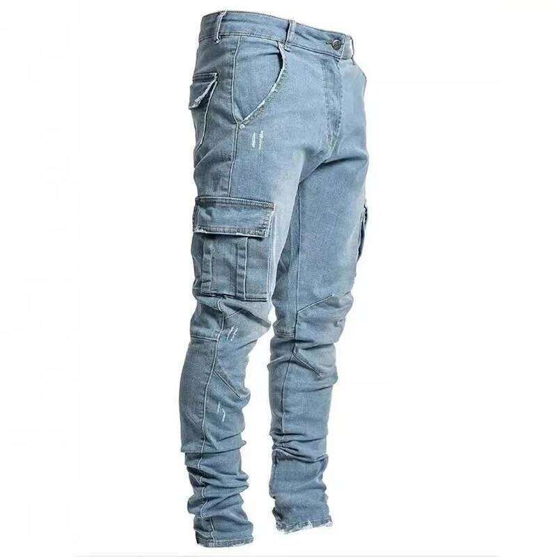 Men Street Elastic Denim Jeans Wash Solid Color Multi Pockets Cargo Pants Casual Slim Fit Daily Wear Joggers Mid Waist Trousers 26Y0330
