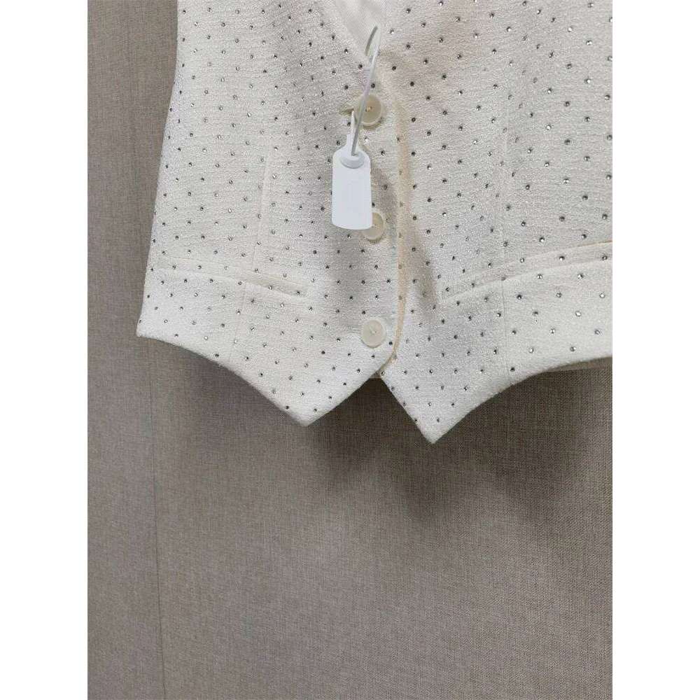 Women's Tweed 3-Piece Set With Pearl Details: Short Sleeve Shirt, V-Neck Vest & Loose Pants Mdng260330