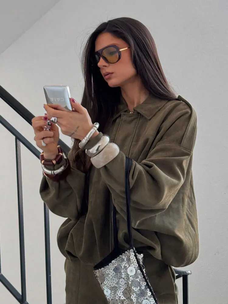 HH Women Brown Green Suede Jacket Loose Casual Bomber Coat Lapel Zipper Long Sleeve Jackets Vintage Lady Motorcycle OutwearsT260328