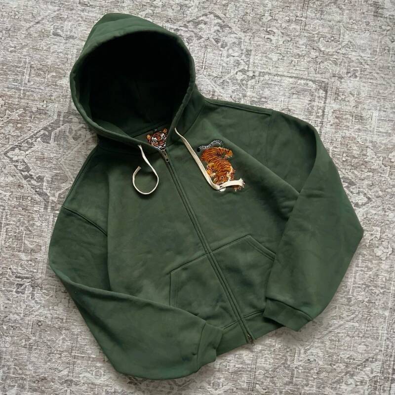 Y2K Retro Hoodie Tiger Jaw Embroidery Double Zippers Sweatshirt Men Harajuku Trendy Casual Streetwear Unisex Oversized Clothing