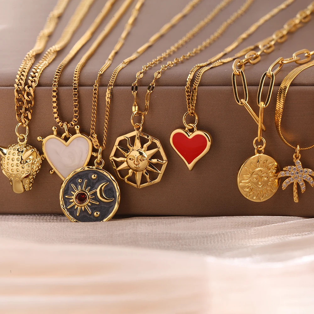 Cute Sun Heart Necklace for Women Tree Flower Pendant Long Stainless Steel Chain Collars Gold Color Choker Office Lady Party 260327