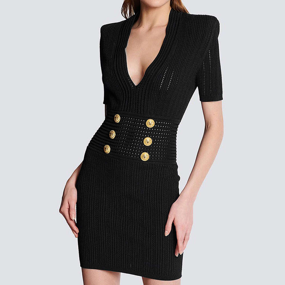 European and American D7 new fashion designer high-quality knitted fabric V-neck slim fit short sleeved dress 2026