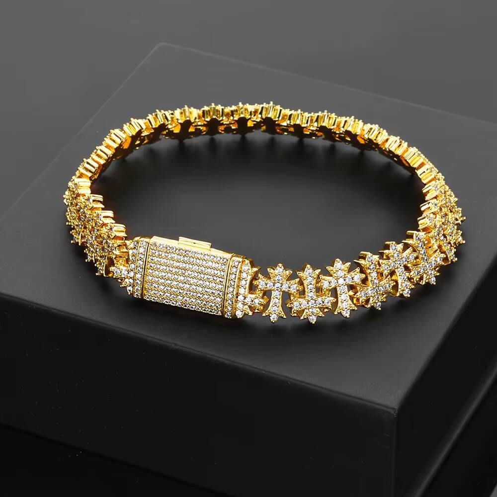 NUOYA 11MM Brass Iced Out Bling Cross Design Bracelet Silver Plated Link Chain Fine Jewelry Gift for Women