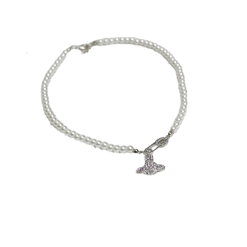 Designer luxury Empress New Style Imitation Pearl Necklace for Women, Niche Geometric Crown Full Diamond Earth Planet Clavicle Chain