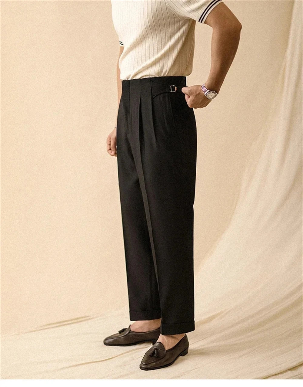 Mens Summer Straight Pants Paris Button Non Ironing Loose Fitting Business Naples Casual Pants High Waisted Office Trousers 260327