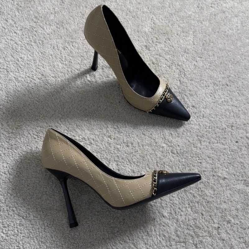 Fall Winter 2025 New Metal Chain Camellia Stiletto Heels Pointed Toe Single Shoes Women Z260330