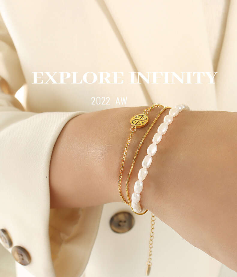 Chinese Style Ins Retro Design Simple Three-layer Fortune Charm Freshwater Pearl Gold Titanium Steel Bracelet For Women