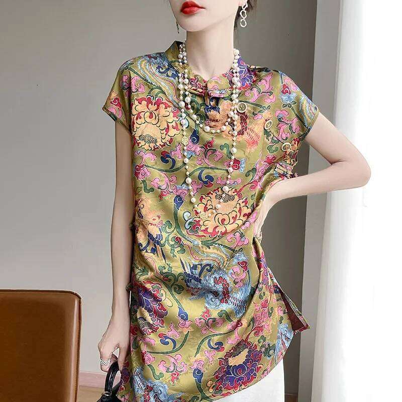 New Chinese Style Long Sleeve Shirt Middle Length Qipao Collar Summer Side Slit Zen Spirit Fashionable Women's Top MAKOUFEI