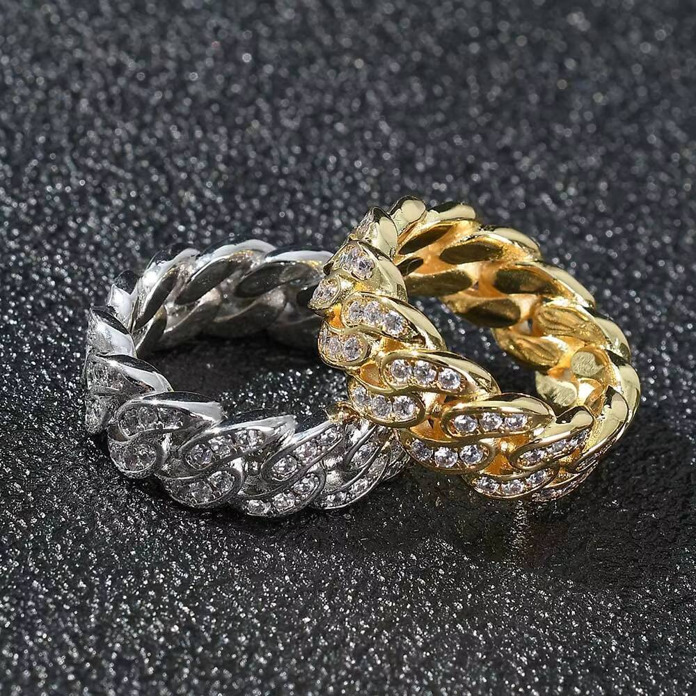 NUOYA Mens White Gold Plated 925 Sterling Silver Hip Hop Iced Out Moissanite Cuban Link Ring for Wedding and Party Fine Jewelry