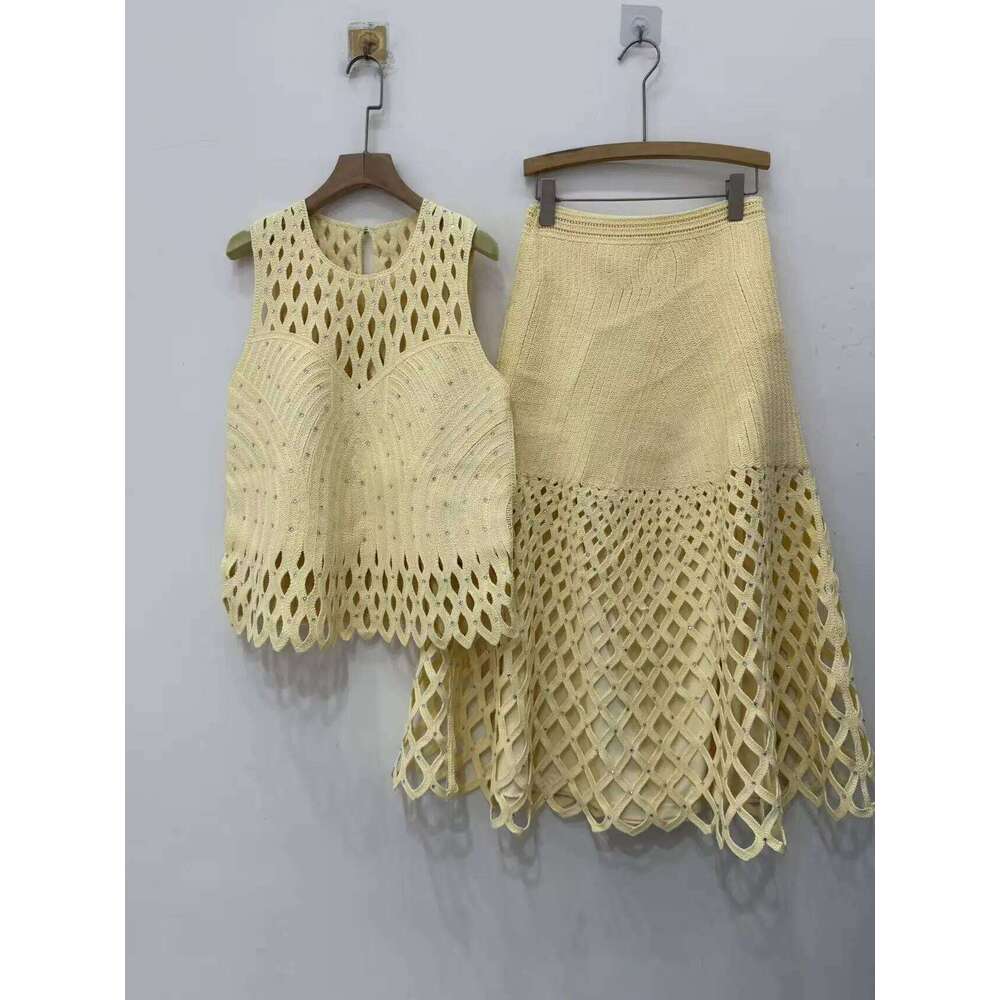 Women Lace Hollow Out Knit Short Cardigan Sweater , Sleeveless O-Neck Tank Top Or Ladies High Waist Zipper Midi Skirt Mdng260330