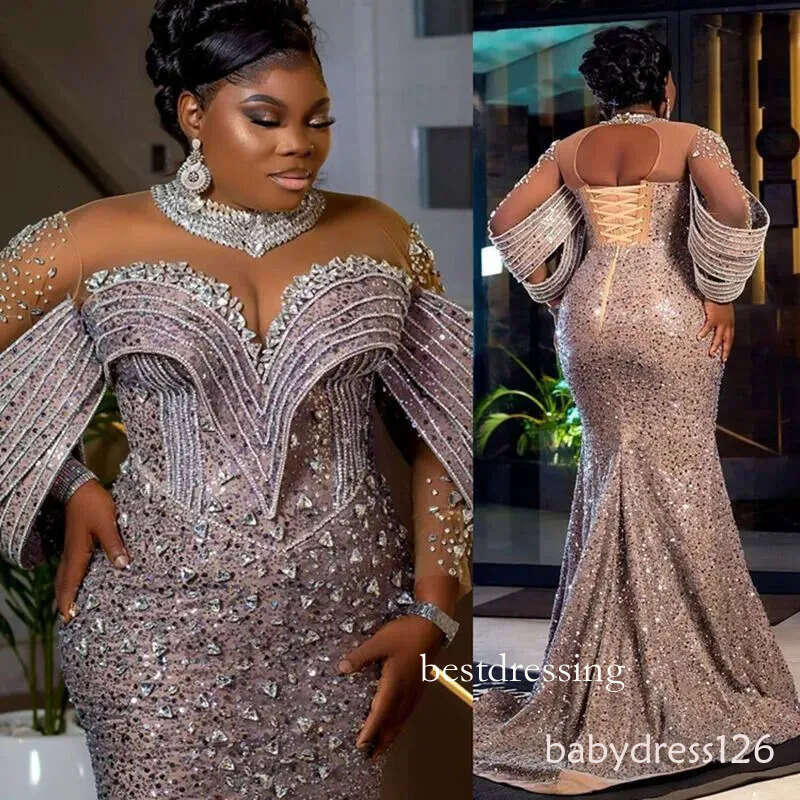 Plus Size Aso Ebi Prom Evening Formal For Women Mermaid High Neck Long Sleeves Rhinestones Crystals Birthday Dress Reception Gowns F03 D0330