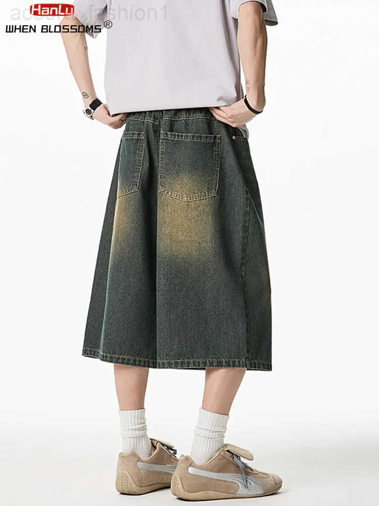 2025 Summer Mens Wide Leg Jeans Shorts Vintage Distressed Wash Y2K Straight Elastic Waist Loose Casual Relaxed Fit H260330