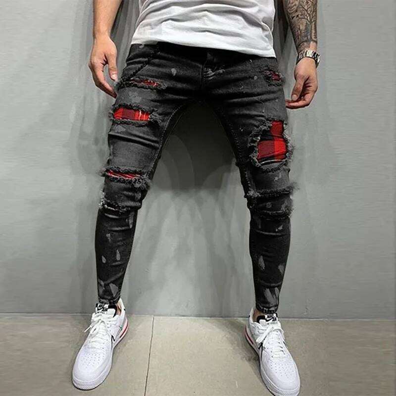 New Men's Skinny Ripped Jeans Fashion Grid Hole Endothecium Patches Slim Fit Stretch Casual Denim Pencil Pants Jogging Trousers 26Y0330
