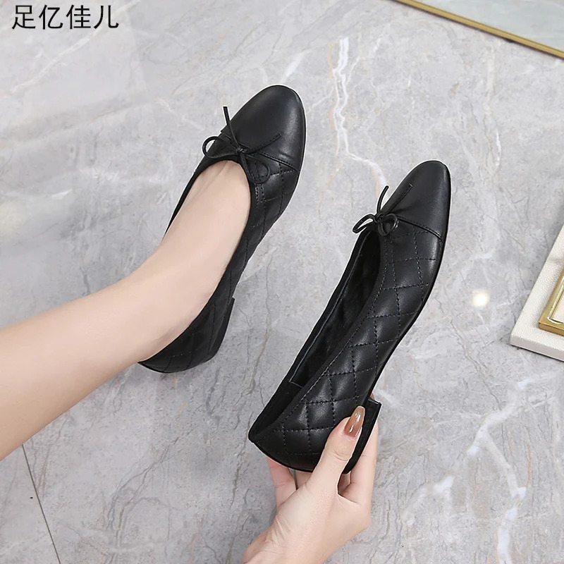 Fashion Stitching Woolen Womens Basic Black Soft Leather Ballet Shoes Flat Shoes Round Toe Shallow Bow Ballet Single Shoes 260323