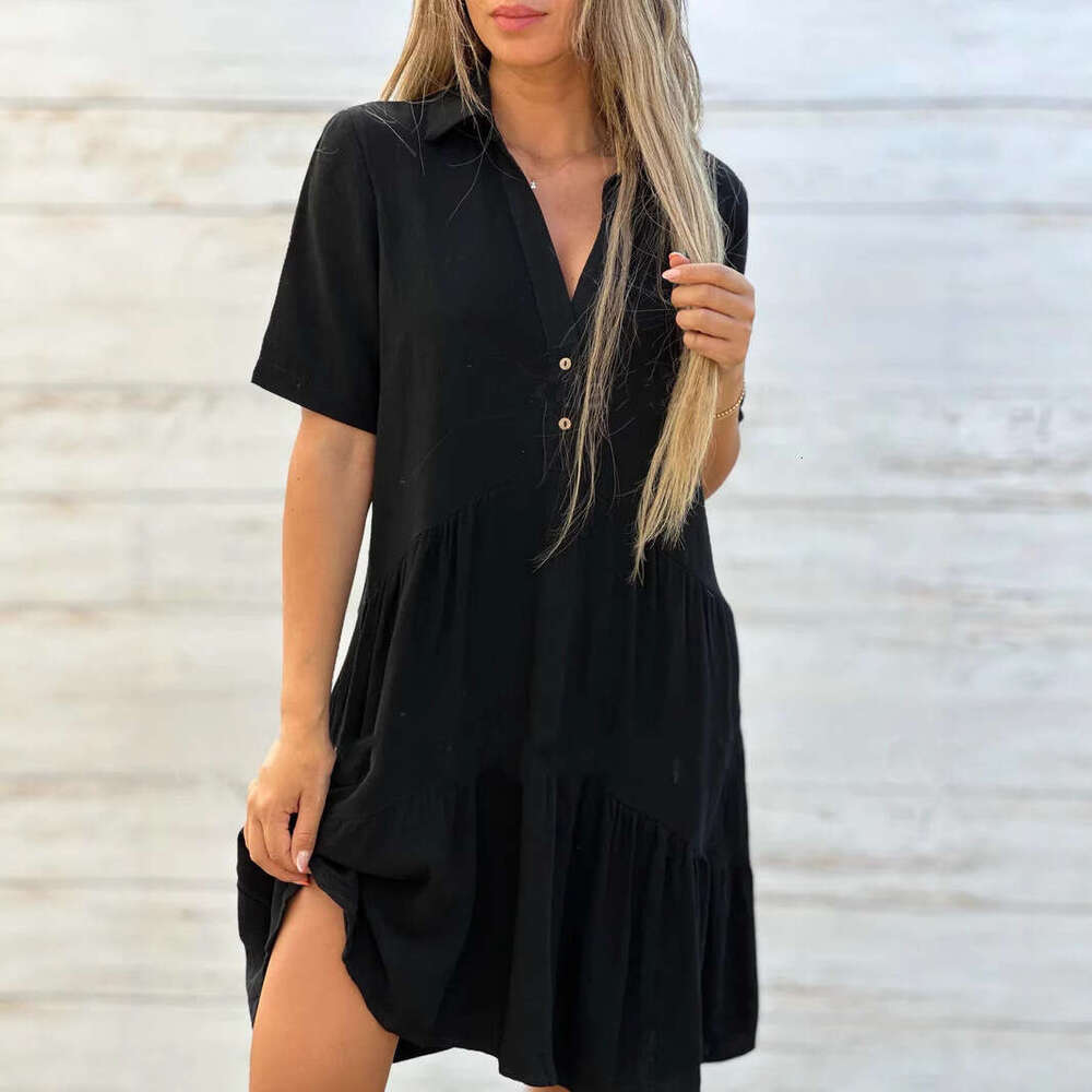 New European and American women's clothing for cross-border trade, Amazon dress, loose-fitting solid color, collared, casual short-sleeve cotton-