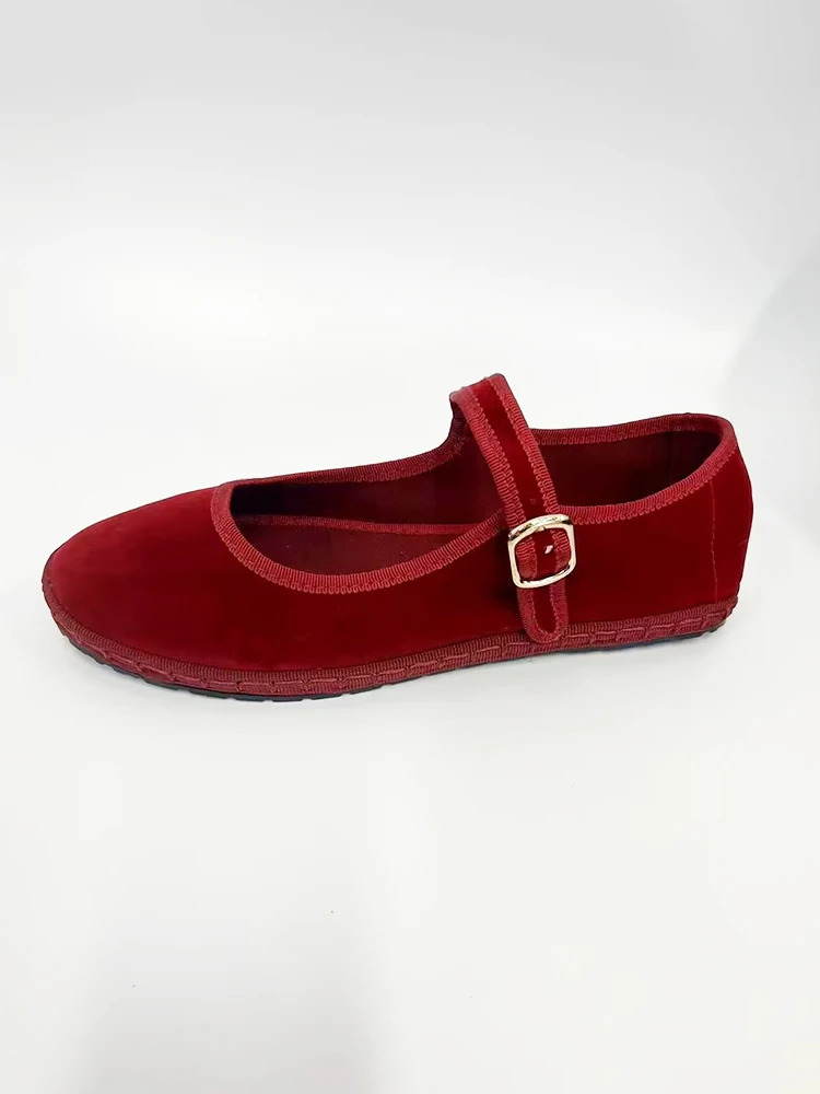 Velvet Mary Jane Shoes for Women Hand Stitch Casual Streetwear Ballet Flats Pumps Female Solid Color Red Cloth Shoes Loafers 260323