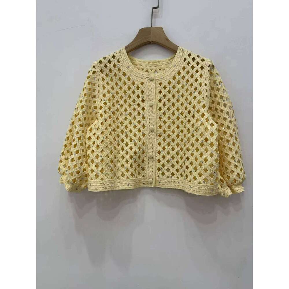 Diamond Decoration Hollow Out Women's Knitted Cardigan Coat Single-Breasted Top Or Camisole Midi Dress Strap Robe For Female Mdng260330