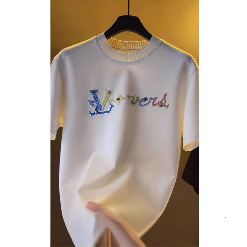 European Trendy Brand Short Men's Pure Cotton T-Shirt Loose Round Neck Letter Embroidery Half Sleeve Tee Fashion Casual Top